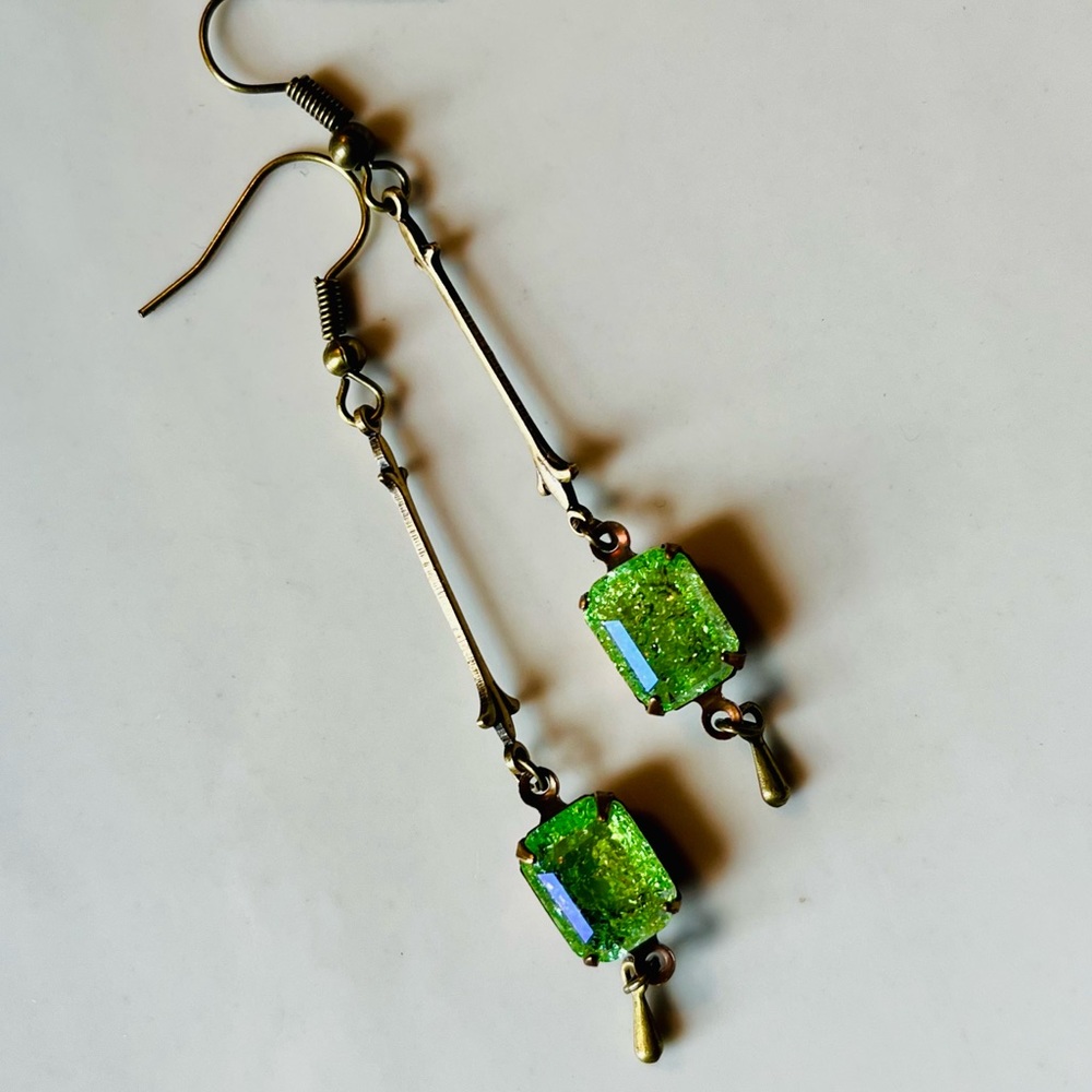 SOLD Peridot Green Crackle Glass Art Nouveau Earrings w a Glacier Blue Finish - Picture 10 of 15